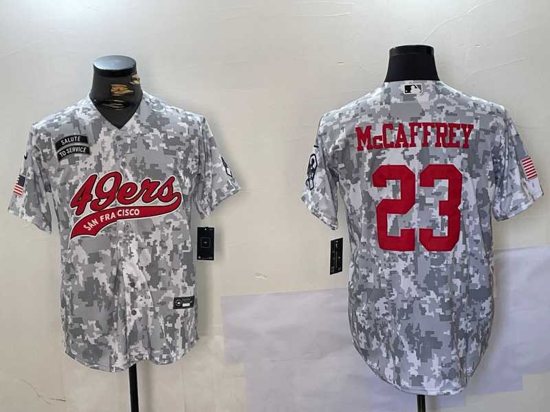 Mens San Francisco 49ers #23 Christian McCaffrey Arctic Camo 2024 Salute to Service Stitched Baseball Jersey